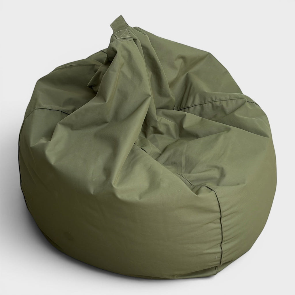 Rehomed Citta 300L bean bag in olive green, featuring a durable fabric and top carry handle for indoor or outdoor use.
