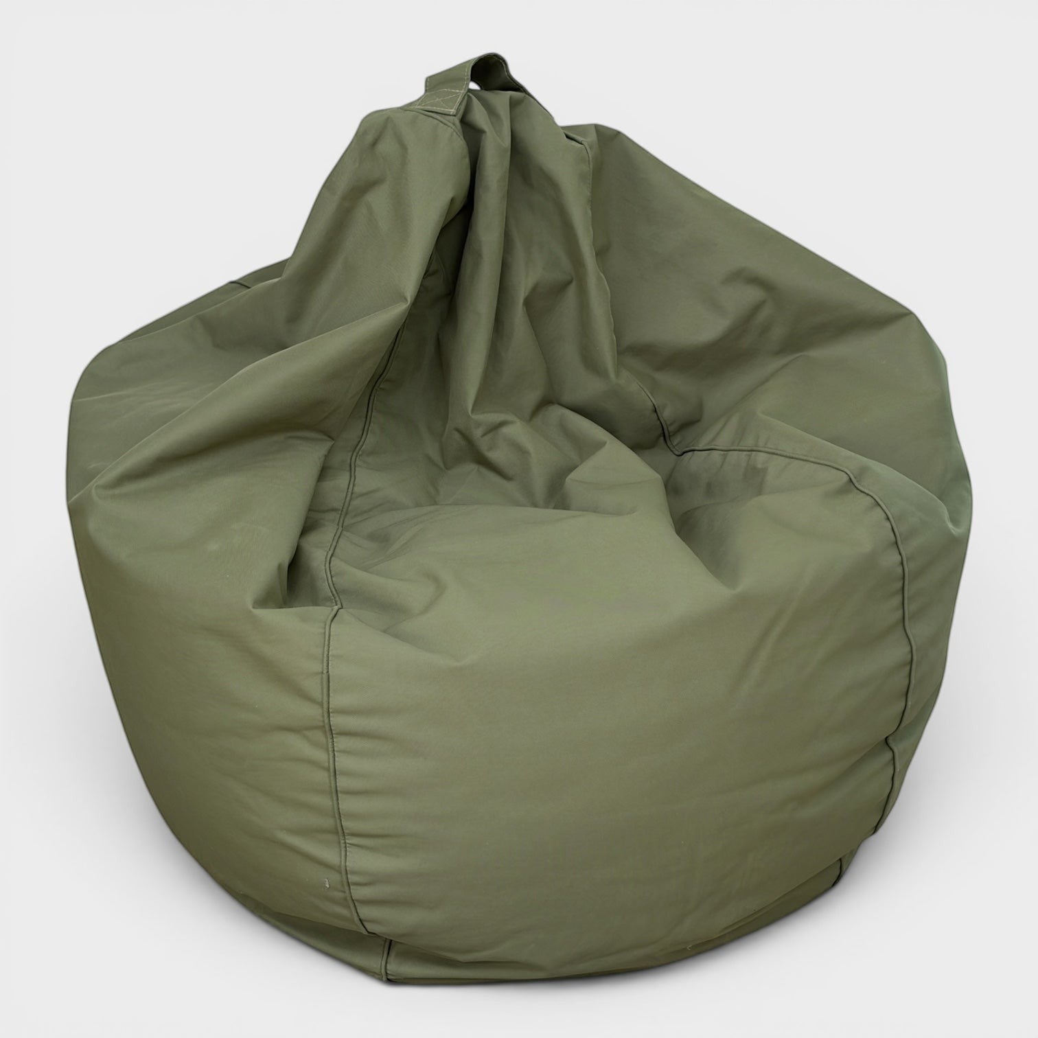 Rehomed Citta 300L bean bag in olive green, featuring a durable fabric and a top carry handle for indoor or outdoor use.