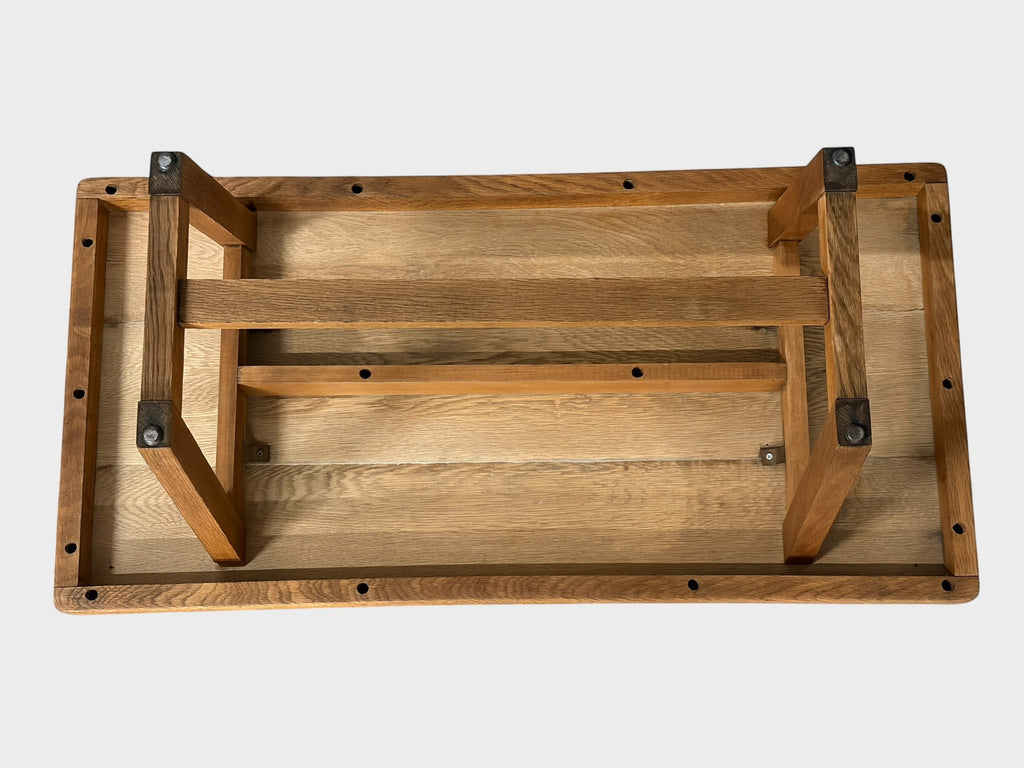 Rehomed: Solid oak coffee table or bench with trapezoid legs and natural grain, 1950s New Zealand design.