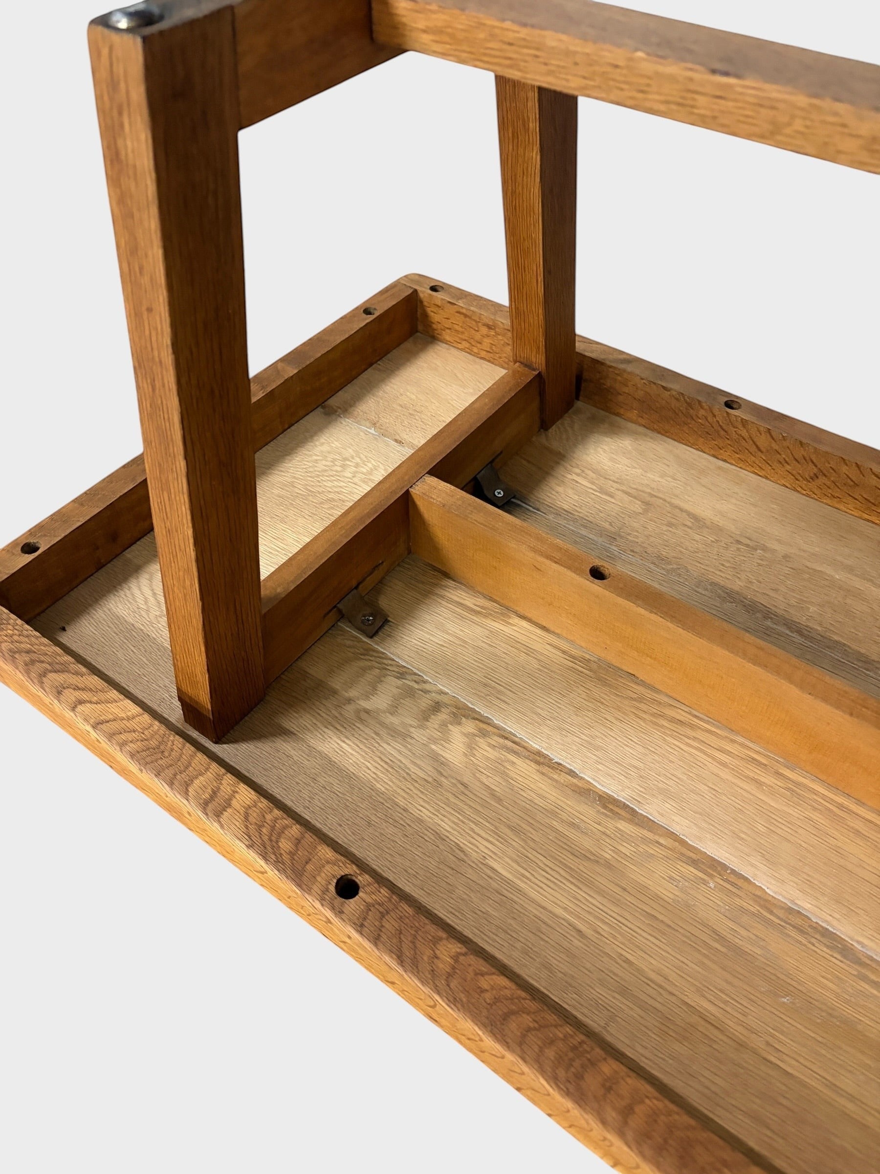Rehomed: Solid oak coffee table or bench with trapezoid legs and natural grain detail. 1950s New Zealand design.
